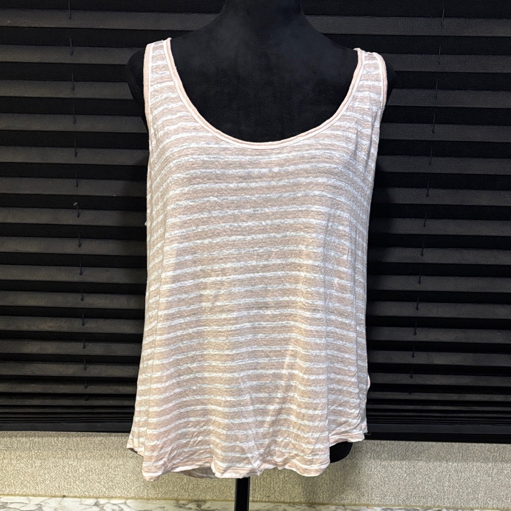 PAIGE White & Tan Striped Relaxed Fit Low Cut‎ 100% Linen Tank Top Women Medium